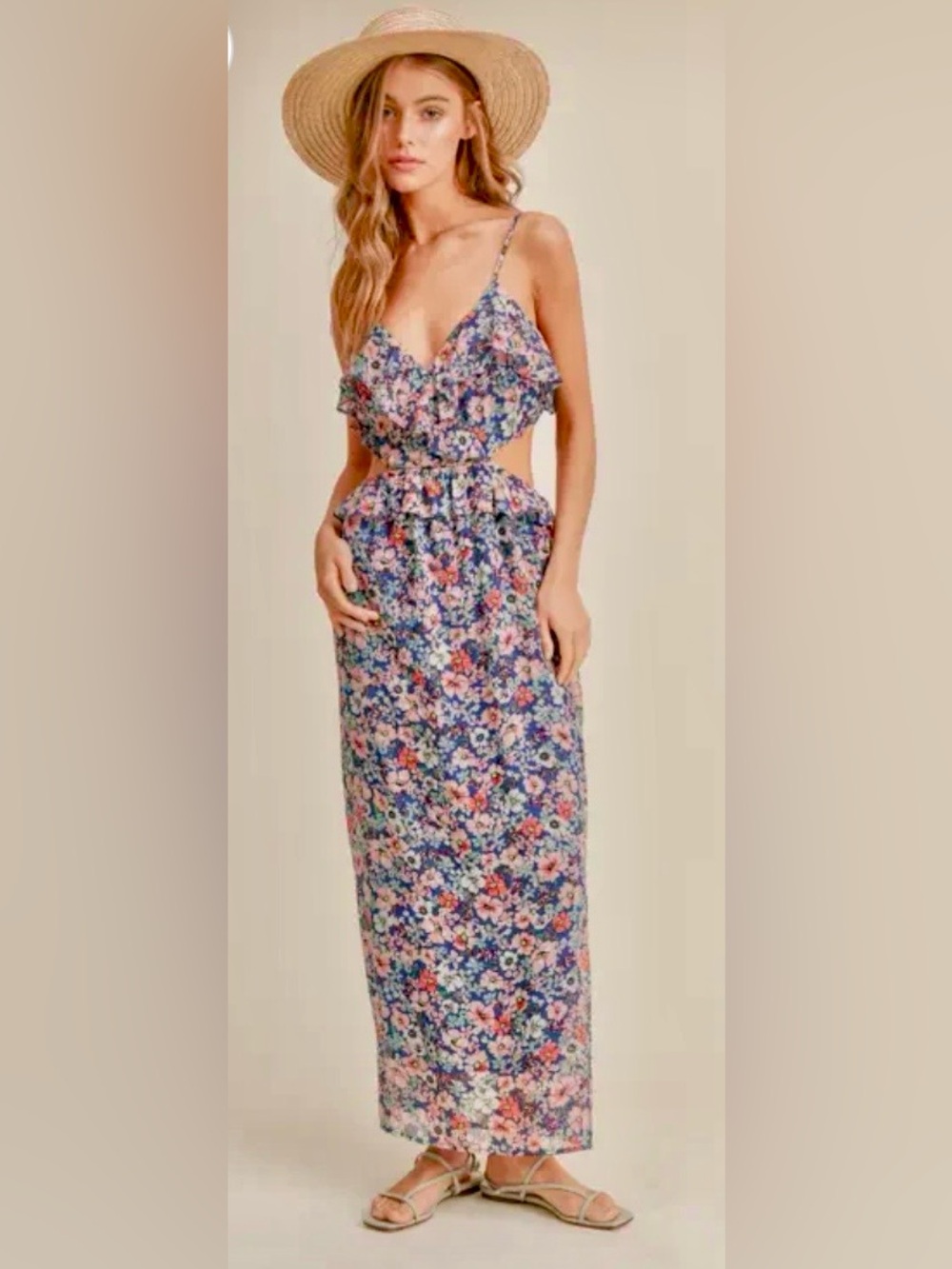 Lush blue floral maxi dress features ruffles and side cutouts Large